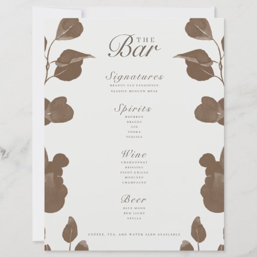 Elégant Botanical Ivory & Ash Mariage Bar Menu (Devant)