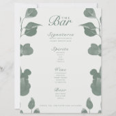 Elégant Botanical Ivory & Sage Mariage Bar Menu (Devant)