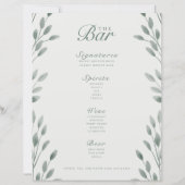Elégant Botanical Ivory & Sage Mariage Bar Menu (Devant)