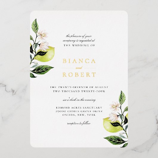 Elegant Botanical Lemons Wedding Folie Uitnodiging (Voorkant)