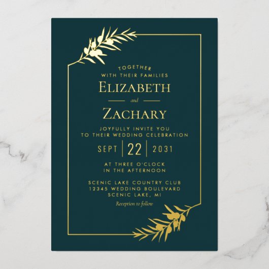 Elegant Botanical Lijst Gold Emerald Green Wedding Folie Uitnodiging (Voorkant)