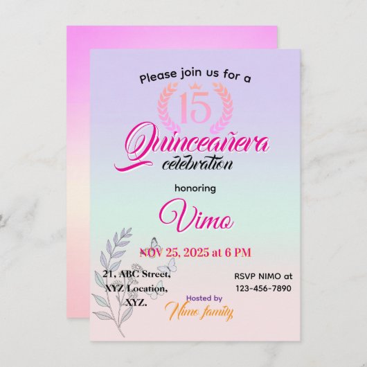 Elegant Botanical Line Art Quinceañera Invitation  (Devant / Derrière)
