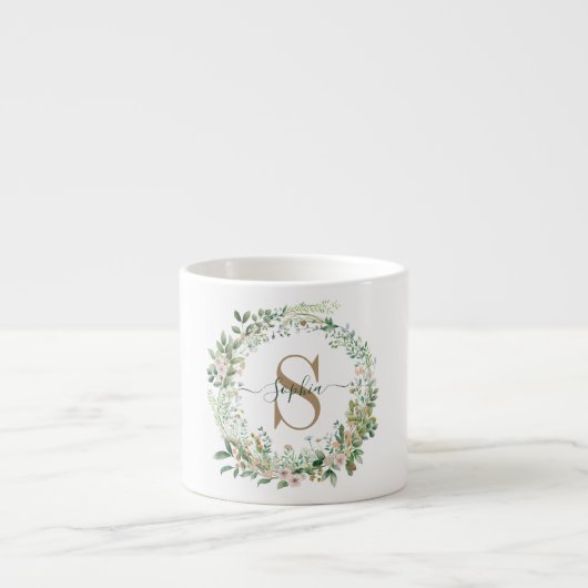 Elegant Botanical Monogram Espresso Mug with Name (Devant)