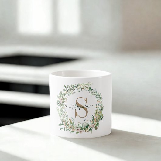 Elegant Botanical Monogram Espresso Mug with Name Kop