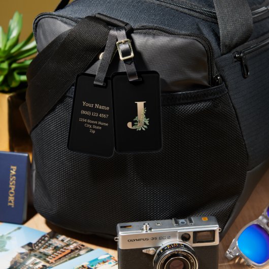 Elegant Botanical Monogram Gold Letter J Bagagelabel (Voorkant /achterkant)