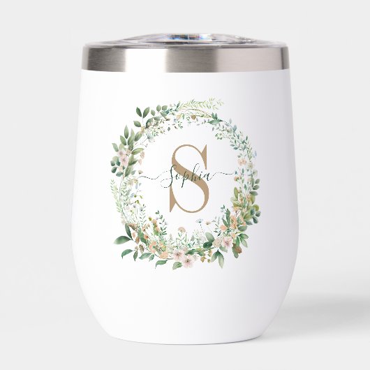 Elegant Botanical Monogram Wine Tumbler with Name (Avant)