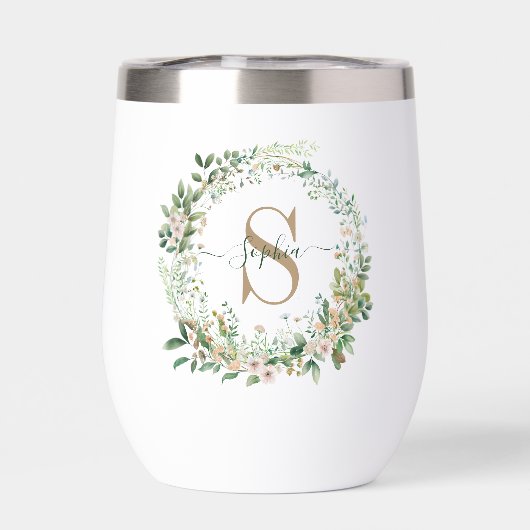 Elegant Botanical Monogram Wine Tumbler with Name (Arrière)