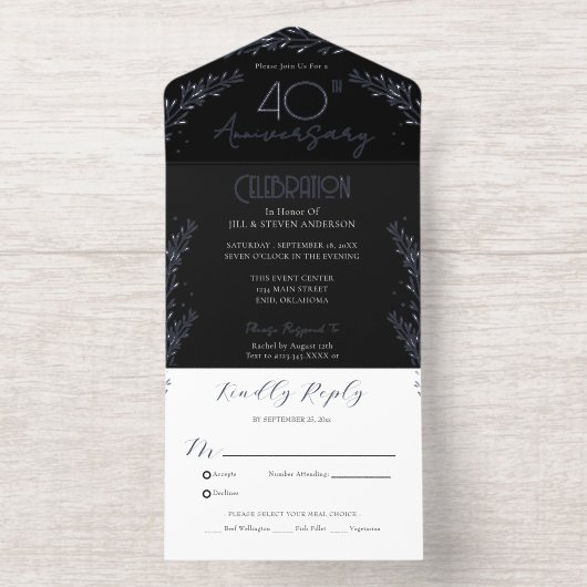 Elegant Botanical Real Foil 40th Anniversary All In One Uitnodiging (Binnenkant)