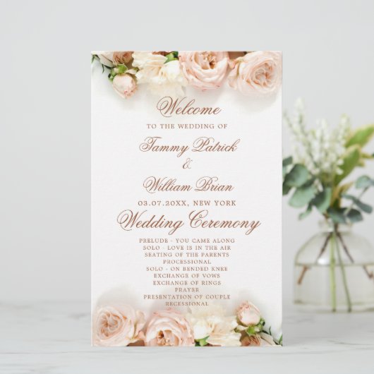 Elegant Botanical Rozen Floral Wedding Programme (Staand voorkant)