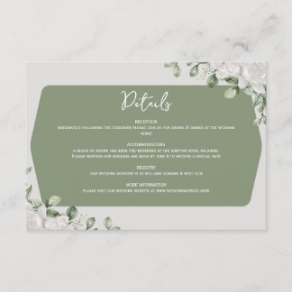 Elegant Botanical Sage Green White Floral Design  Informatiekaartje