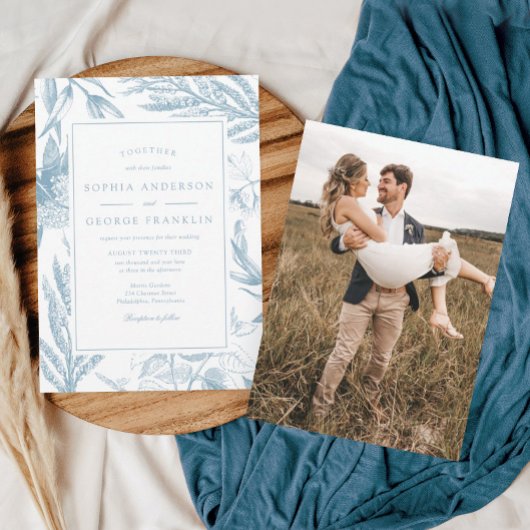 Elegant Botanical Wedding Invitation met foto Kaart