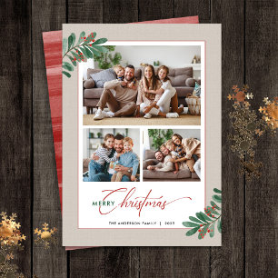 Elegant Botanicals Kersttypografie 3 Foto's Feestdagenkaart