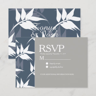 Elegant Botanisch Blad Navy Witte Patroon Huwelijk Kaart