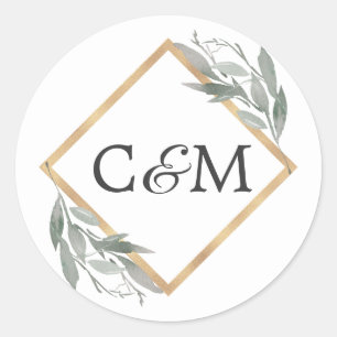 Elegant Botanisch Blad Salie Groen Goud Bruiloft Ronde Sticker