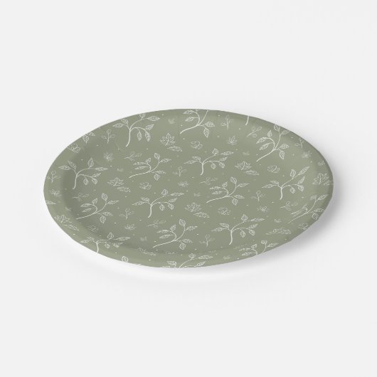 Elegant Botanisch Bloemen Patroon in Olijfgroen Papieren Bordje (Gekanteld)