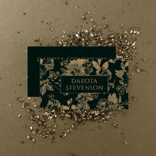 Elegant Botanisch   Donkergroen en gouden bloemen Visitekaartje