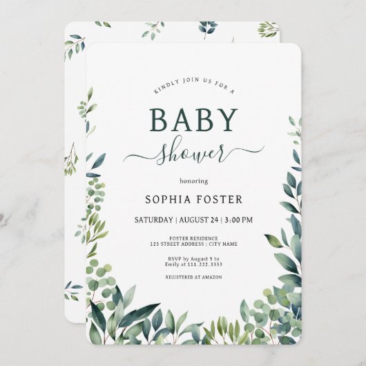 Elegant botanisch groen blad Baby shower Kaart (Voorkant / Achterkant)