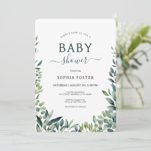Elegant botanisch groen blad Baby shower Kaart (Staand voorkant)