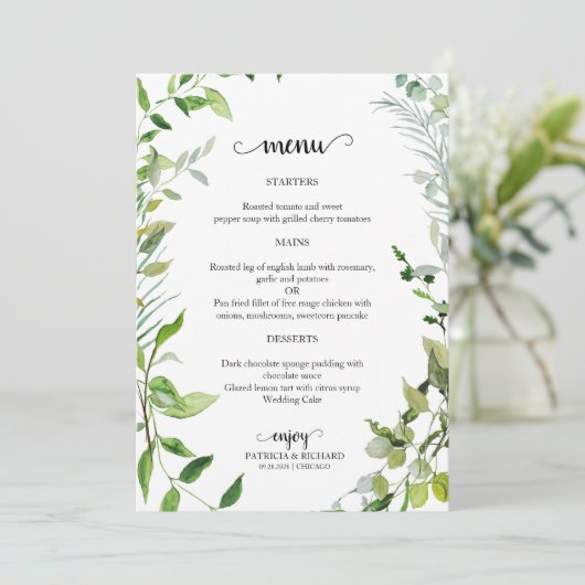 Elegant Botanisch groen Bruiloft Menu (Staand voorkant)
