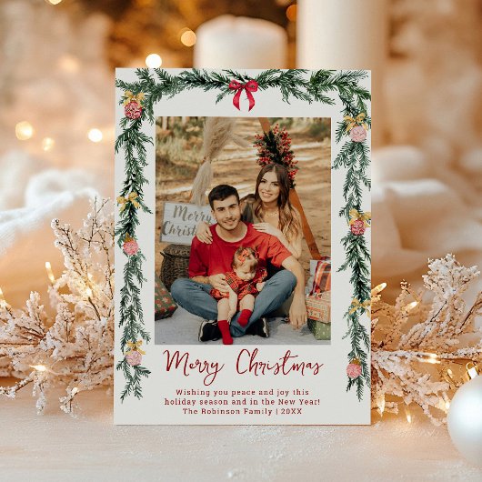 Elegant Botanisch Groen Vrolijk Kerstfeest 1 Foto Feestdagenkaart