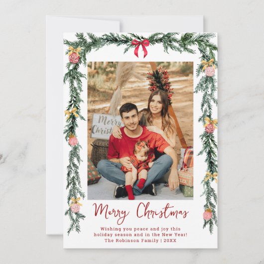 Elegant Botanisch Groen Vrolijk Kerstfeest 1 Foto Feestdagenkaart (Voorkant)