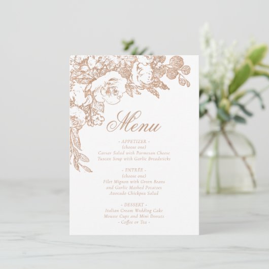 Elegant botanisch | Koperzilver Roos Menu (Staand voorkant)
