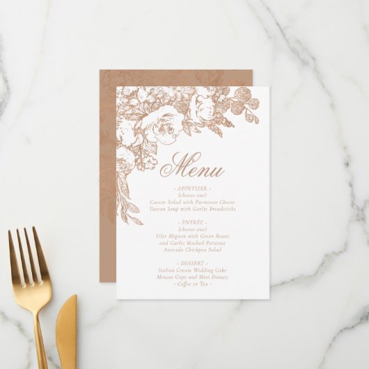 Elegant botanisch | Koperzilver Roos Menu (Voorkant / Achterkant in situ)
