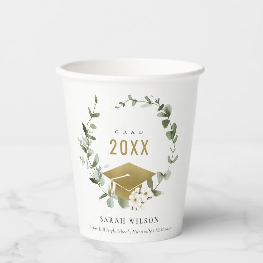 Elegant Botanisch Leafy Wreated Gold Afstuderen Papieren Bekers (Voorkant)