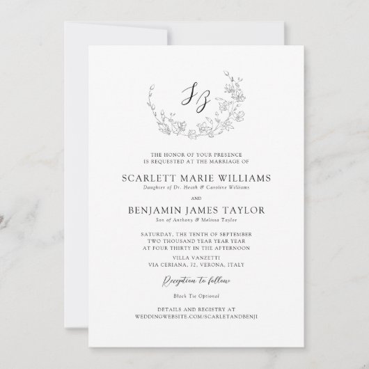 Elegant Botanisch Monogram All-in-One Bruiloft Kaart (Voorkant)