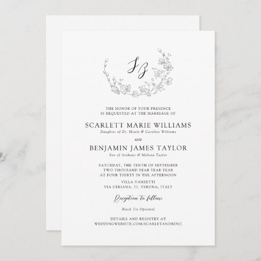 Elegant Botanisch Monogram All-in-One Bruiloft Kaart (Voorkant / Achterkant)