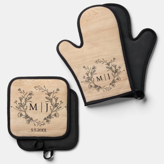 Elegant Botanisch Monogram Bruiloft Rustiek Hout Ovenwant & Pannenlap Set (Voorkant / Achterkant)