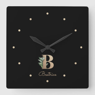Elegant Botanisch Monogram Letter B Vierkante Klok