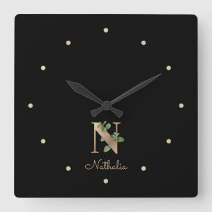 Elegant Botanisch Monogram Letter N Vierkante Klok