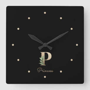 Elegant Botanisch Monogram Letter P Vierkante Klok