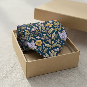 Elegant botanisch patroon met vlinders op donkere  stropdas