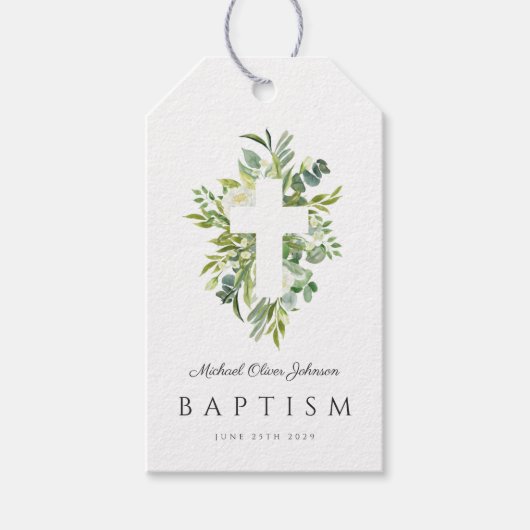 Elegant Botanisch Religieus Kruisdoop Cadeaulabel (Voorkant)