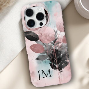 Elegant botanisch roze-gouden monogram iPhone 16 pro hoesje
