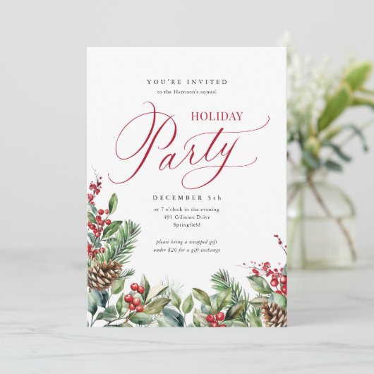 Elegant Botanisch Script Vakantie Party Kaart (Staand voorkant)