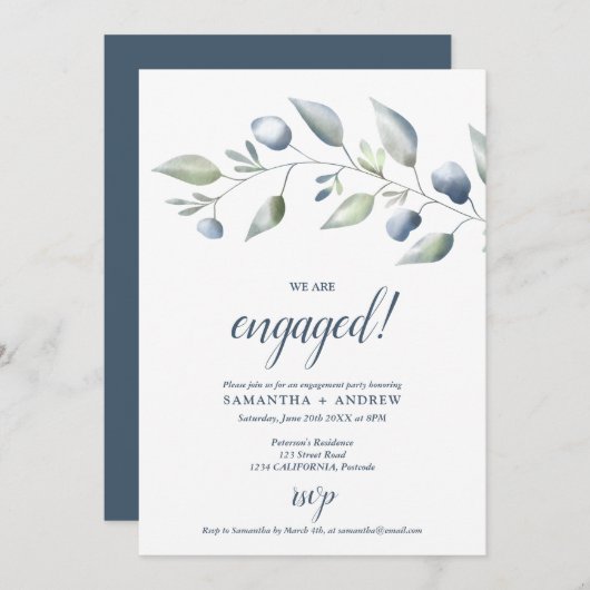 Elegant botanisch stoffige blauw verloving aankondiging (Voorkant / Achterkant)