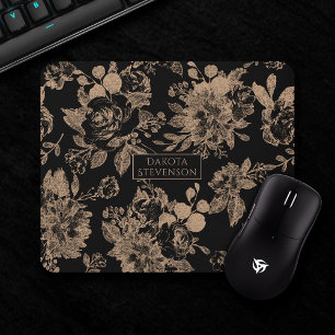 Elegant Botanisch Zwart en Roos Gouden Bloemen Muismat