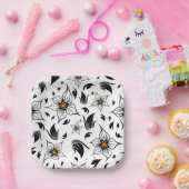 Elegant Botanisch Zwart-Wit Bloempatroon Papieren Bordje (Feest)