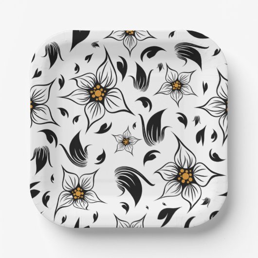 Elegant Botanisch Zwart-Wit Bloempatroon Papieren Bordje (Voorkant)