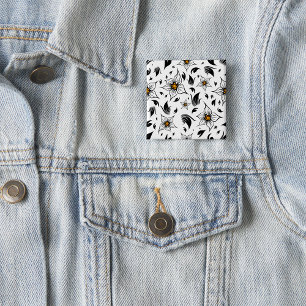 Elegant Botanisch Zwart-Wit Bloempatroon Vierkante Button 5,1 Cm