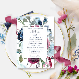 Elegant Botanische Berry en Blue Floral Wedding Kaart