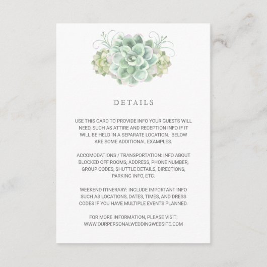 Elegant Botanische details Succulent Wedding Informatiekaartje (Voorkant)