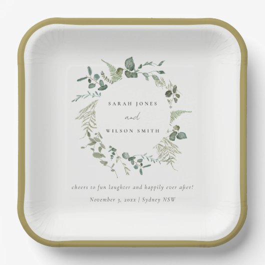 Elegant Botanische Eucalyptus Waterverf Weddenscha Papieren Bordje (Voorkant)