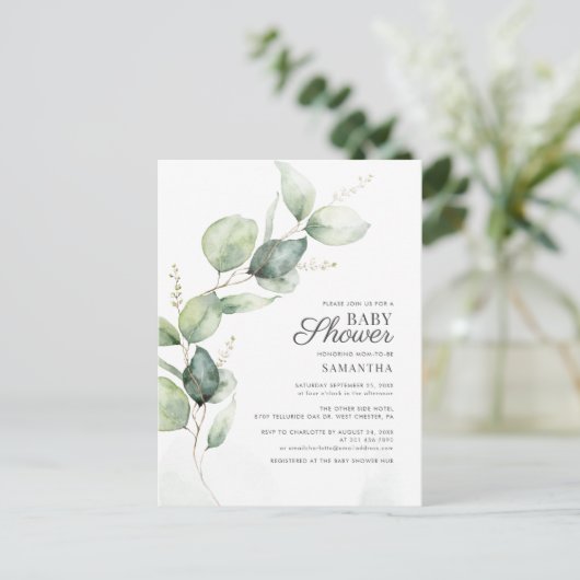 Elegant Botanische Eucalyptus Zonnebloem Baby show Uitnodiging Briefkaart (Staand voorkant)