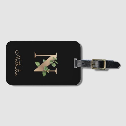 Elegant Botanische monogram Gold Letter N Bagagelabel (Voorkant (horizontaal))