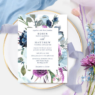 Elegant Botanische Paarse en Blauwe Floral Wedding Kaart