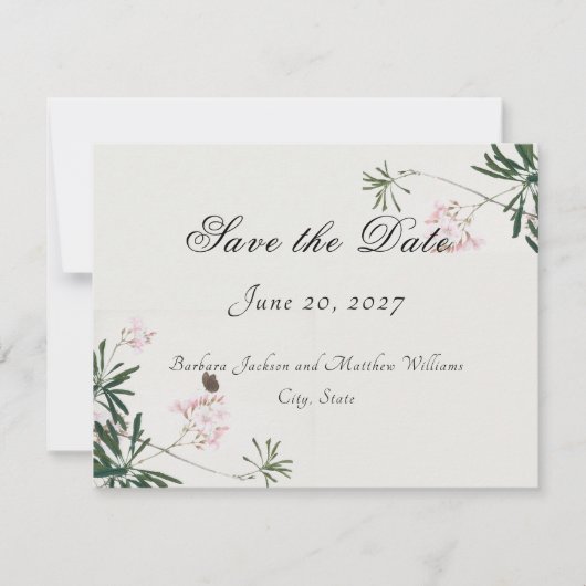 Elegant botanische roze bloesem Sla de datumkaart  RSVP Kaartje (Voorkant)